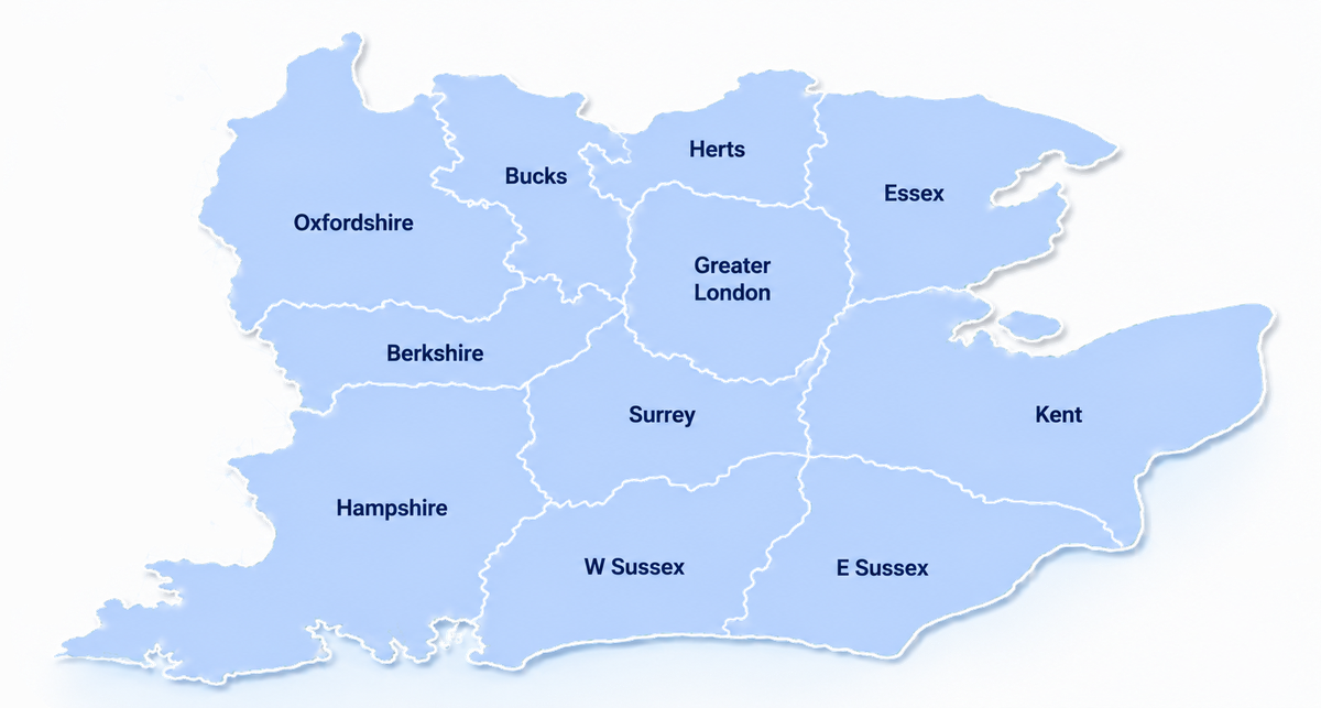 Map showing Drain Detectives service coverage across London and the South East