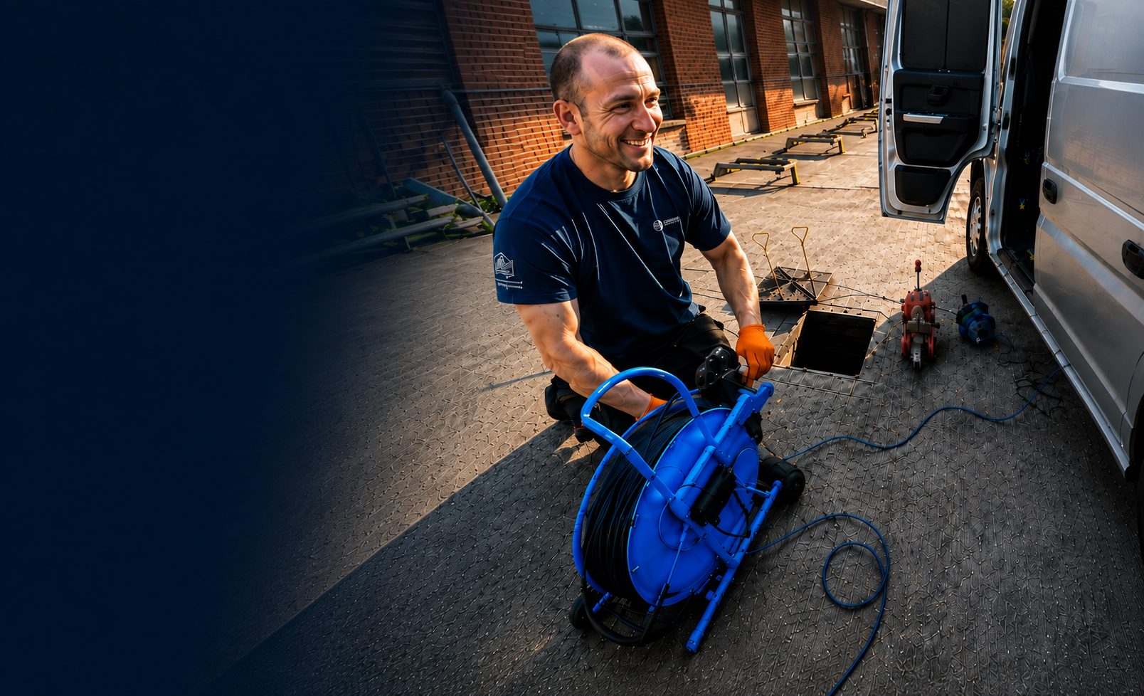 Drain Detectives engineer using drainage inspection equipment beside an open drain